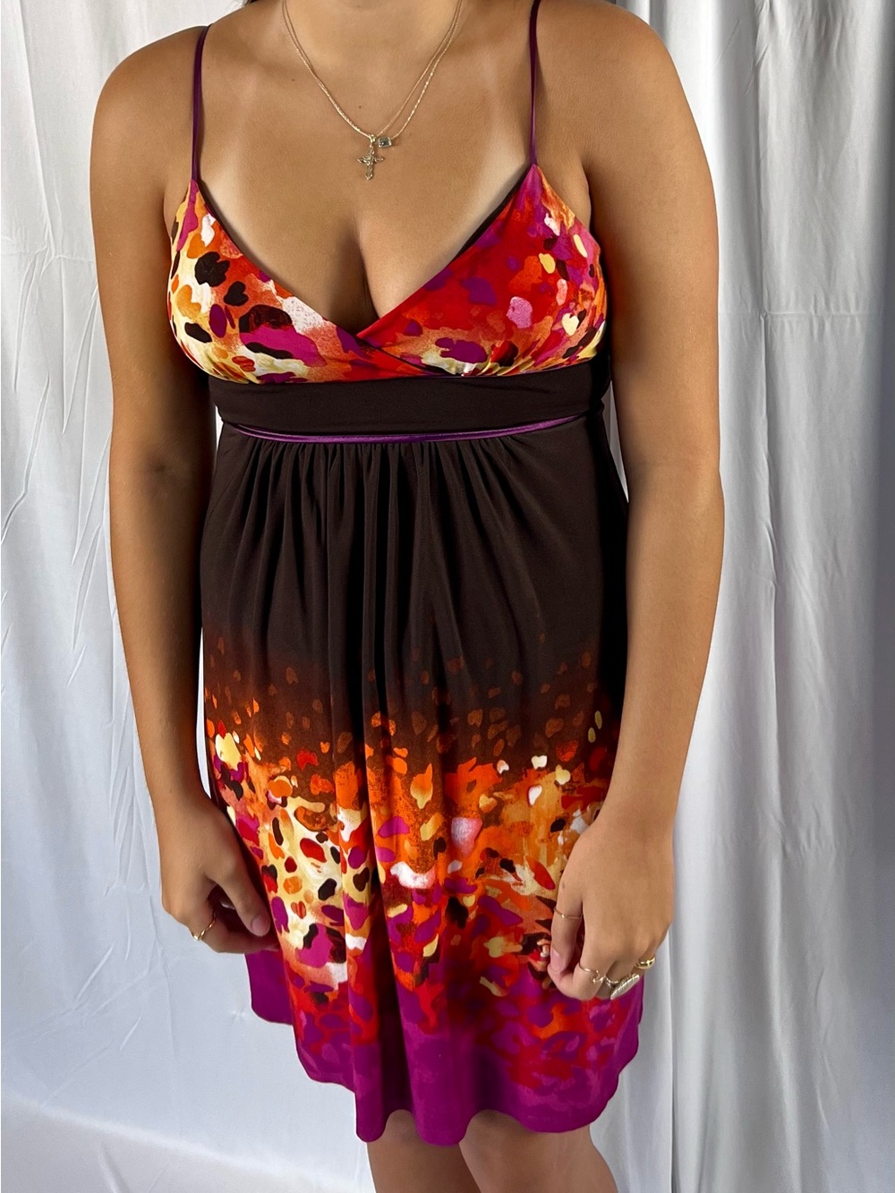 🔥City Triangles Dress M Y2K Pink Orange Abstract Tie Back Empire Waist Mini Dres